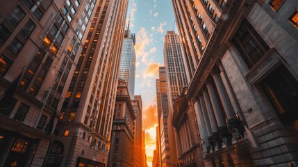 A low-angle shot looking up between two tall buildings in a city at sunset. The sky is filled with orange and yellow hues, and the buildings cast long shadows on the street below.
