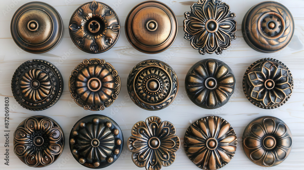 Aufkleber an array of 15 intricately designed bronze drawer knobs displayed neatly on a white background, show