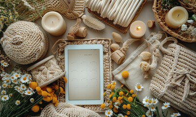 boho style feminine workspace flat lay top view digital tablet mockup macrame handbag weekly planner candle dried flowers on beige background.image