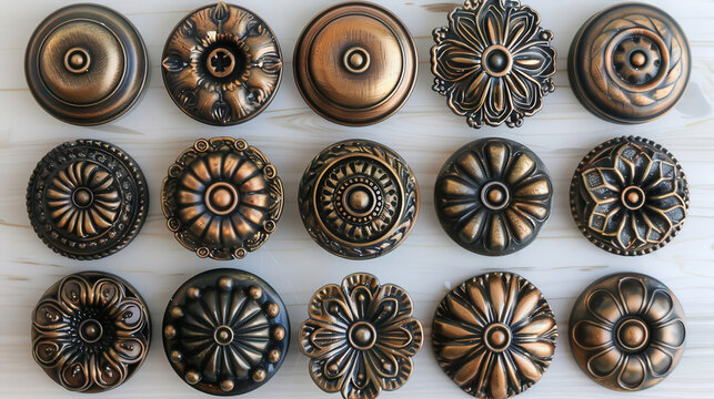 An array of 15 intricately designed bronze drawer knobs displayed neatly on a white background, showcasing diverse floral and geometric patterns.