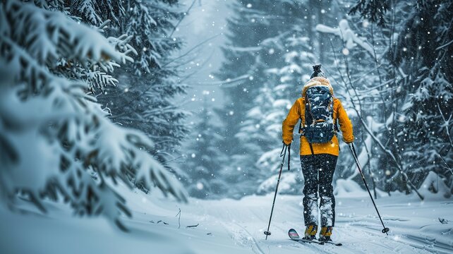 Professional winter sports photograph capturing the intensity of biathlon. A biathlete skis through a snowy forest, rifle slung on their back, focusing on the precision