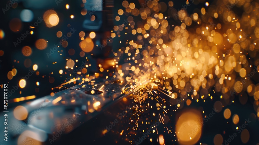 Poster close up view of plasma sparks in laser cutting and engraving processes with cnc controlled robot on