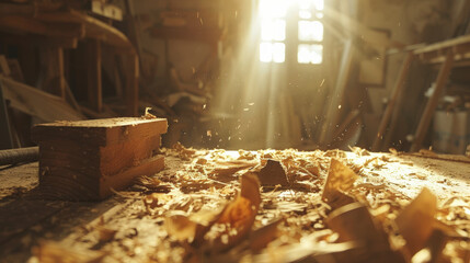 Sunlight streaming into a woodworking shop, illuminating wooden shavings and a piece of timber on a workbench, creating a warm, rustic atmosphere.