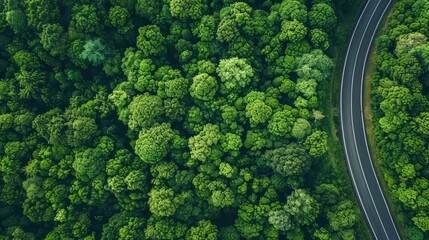 Aerial perspective of a road through a flourishing green forest, underlining the connection between a healthy environment and sustainable living