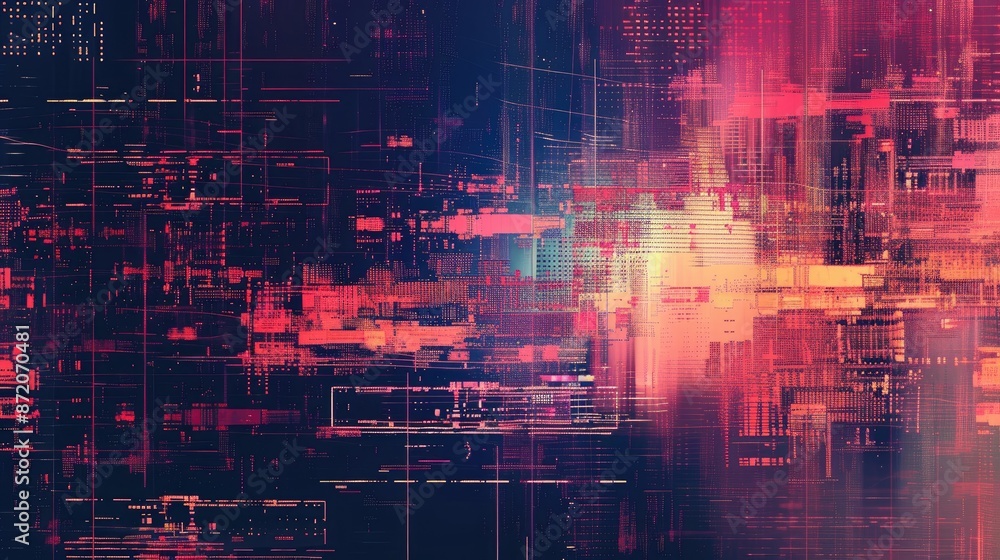 Poster digital design with glitchy patterns on dark screen