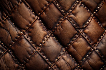Fototapeta premium Furniture design, detail of luxury quilted brown leather sofa upholstery with no buttons.