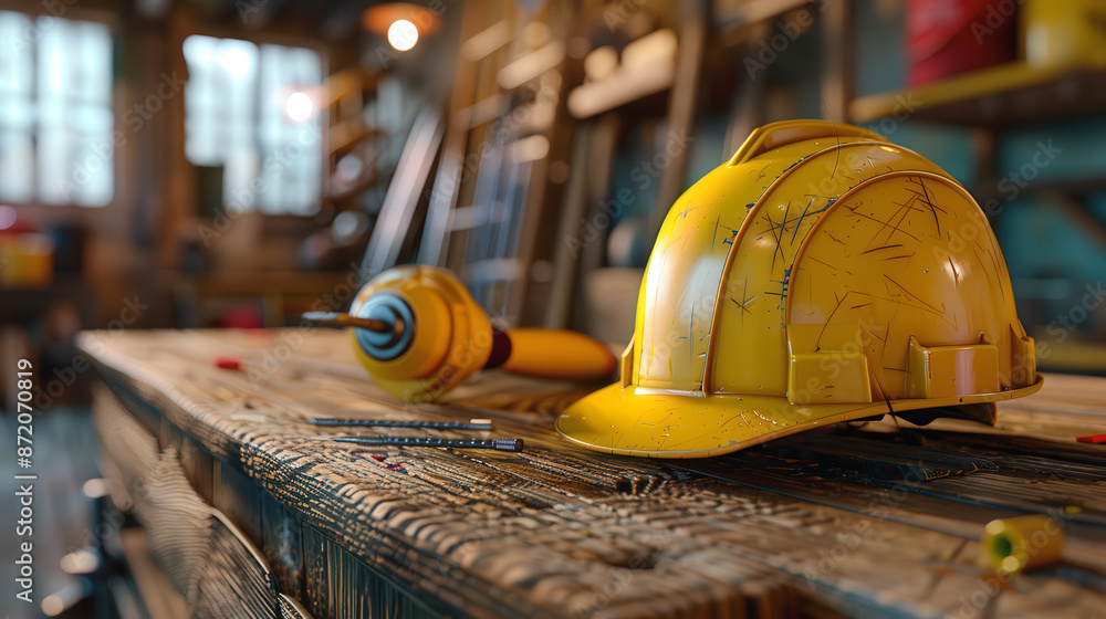 Wall mural A worn yellow hard hat and a cordless drill rest on a wooden workbench in a workshop filled with tools and equipment.