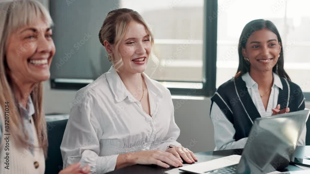 Sticker Welcome, handshake and laptop in meeting for collaboration, teamwork and partnership. Business woman, project manager and tech for agreement, choice or decision with celebration, promotion and career