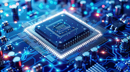 Futuristic microchip processor blue background with lights quantum computer large data processing database concept AI and robotics quantum computing processor 