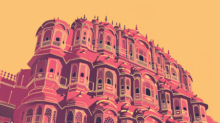Risograph riso print travel poster, card, wallpaper banner illustration, modern, clear, simple of Hawa Mahal, Jaipur, India. Artistic, landmark printing, stencil backdrop background