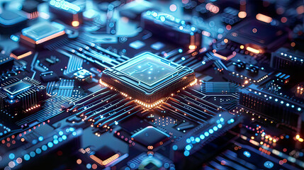 Obraz premium Futuristic microchip processor with lights on blue background quantum computer large data processing database concept artificial intelligence robotics quantum computing processor 