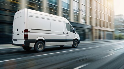 A white cargo van drives on a city street during the day