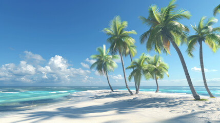Fototapeta premium Tranquil beach scene featuring towering palm trees swaying gently in the warm breeze.