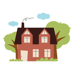 Fototapeta premium Cute house and trees in flat style, home vector illustration isolated on white background