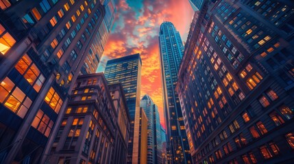 Fototapeta premium A low angle view of tall skyscrapers in New York City at sunset, with a colorful sky behind them.