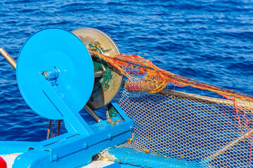 Traditional lobster fishing with nets off the coast of Kefalonia, Greek Islands with the nets...