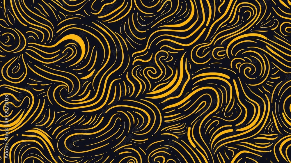Aufkleber yellow thin line doodle pattern on dark background hand drawn backdrop for various design projects