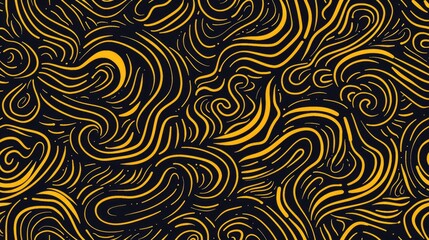 Fototapeta premium Yellow thin line doodle pattern on dark background Hand drawn backdrop for various design projects