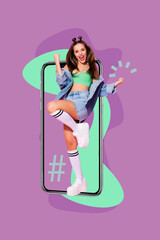 Photo collage image of happy cheerful nice woman yes hooray success isolated on 3d creative background