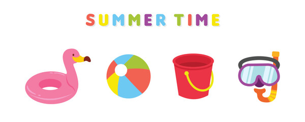 Summer and beach clip art set with cute illustrations. Flat design Illustration for ads, web, flyers, and banners. Set of cartoon icons.