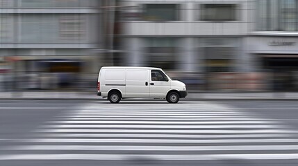 A white cargo van drives on a city street during the day