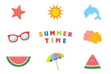 Summer and beach clip art set with cute illustrations. Flat design Illustration for ads, web, flyers, and banners. Set of cartoon icons.
