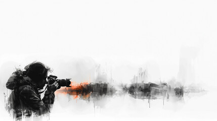 A black-and-white silhouette of a photographer holding a camera, capturing a shot in a dynamic pose