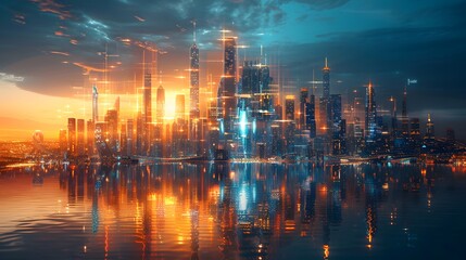 A futuristic cityscape with advanced skyscrapers and global landmarks, symbolizing the interconnected future of foreign cities and global progress