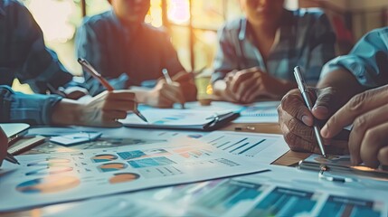 Obraz premium Close-up of business professionals working together on financial reports at a wooden table, highlighting teamwork and data analysis..