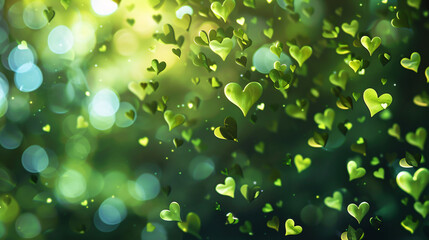 Fototapeta premium Abstract background with bokeh and green hearts.
