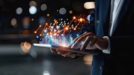 A business analyst in a suit interacts with data visualizations on a tablet, surrounded by financial charts and graphs on a desk..