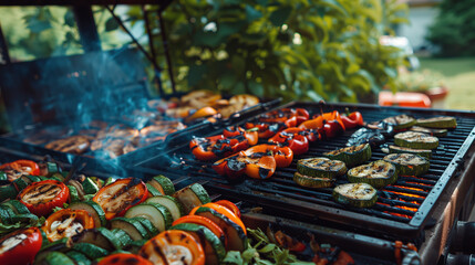 a platter of grilled vegetables, including zucchini, bell peppers, and eggplant, set on an outdoor grill with a view of a lush garden