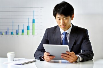 Asian Businessman Using Digital Tablet for Financial Analysis
