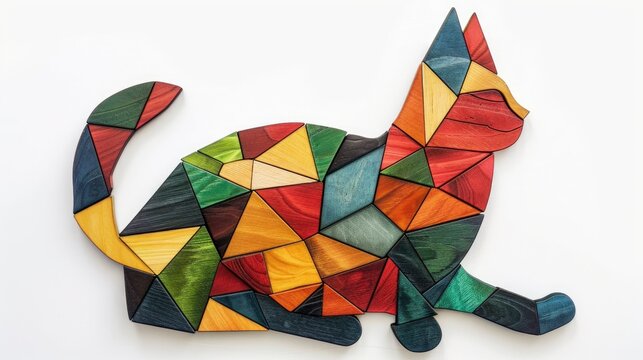 Tangram puzzle of a cat shape on a white background