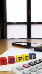 Scritta IRPEF in italiano "Imposta sul reddito delle persone fisiche" parola unica scritta su cubi di legno, sulla scrivania dell'ufficio con finestra.