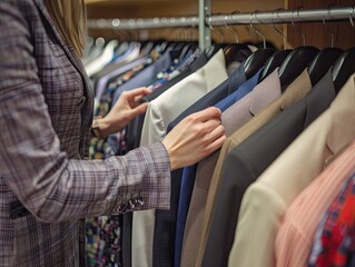 Obraz premium A woman browsing through business suits on hangers in a clothing store, selecting professional attire for work or events..