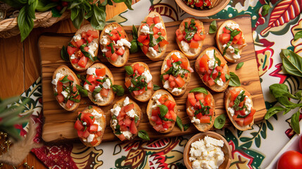 Fototapeta premium a festive platter of bite-sized bruschetta, topped with fresh tomatoes, basil, and mozzarella, arranged on a wooden board with a holiday-themed tablecloth