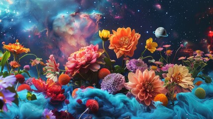 Floral arrangement on space themed backdrop