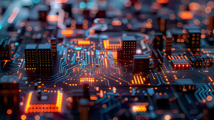 Obraz premium Printed circuit board abstract tech background depth of field effect bokeh internet connections cloud computing neural network big data 3D render 