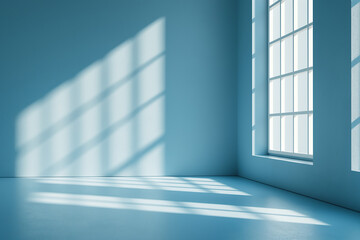 Interior of empty spacious room with window shadows and sunlight on blue wall.