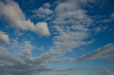 Russia. The South of Western Siberia. Panorama of the evening summer sky with multicolored clouds...