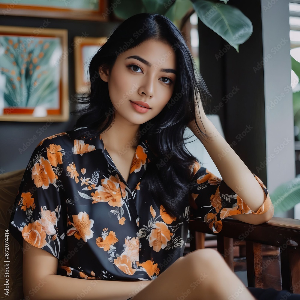 Poster A beautiful woman in black and orange floral dress.