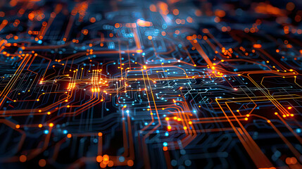 Quantum circuits with glowing effects intricate design dark background high resolution