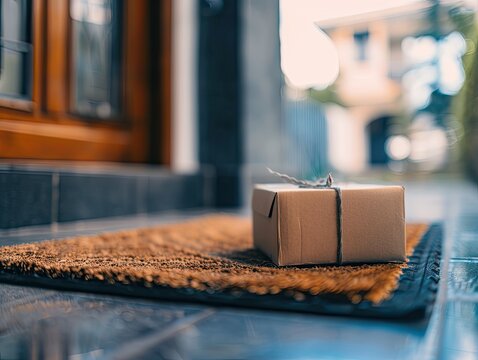 A brown package tied with string sits on a doorstep mat, with a blurred garden and house background in warm sunlight..