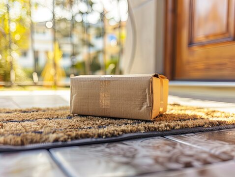 A brown package tied with string sits on a doorstep mat, with a blurred garden and house background in warm sunlight..