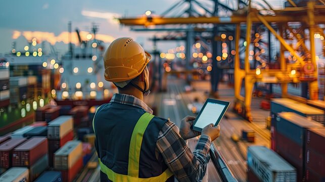 A dock worker in a hard hat and reflective vest uses a tablet to oversee container ship operations at a busy port, surrounded by cranes..