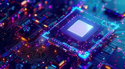 Obraz premium Quantum computer microchip processor futuristic design blue background with lights large data processing database concept isometric CPU banner digital chip 