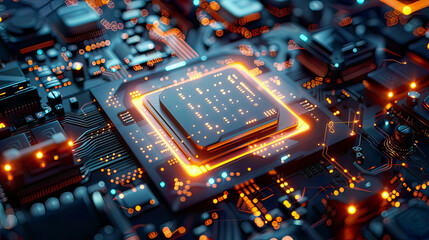 Quantum computer processor futuristic microchip with lights blue background large data processing database concept artificial intelligence robotics 