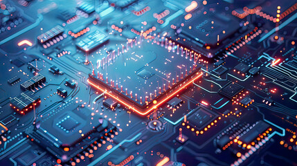 Obraz premium Quantum computer processor futuristic microchip with lights blue background large data processing database concept artificial intelligence robotics 