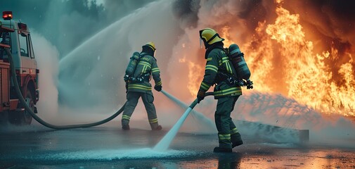 Fototapeta premium Firefighter in full gear battling a large, intense blaze surrounded by thick smoke, showcasing bravery and emergency response..